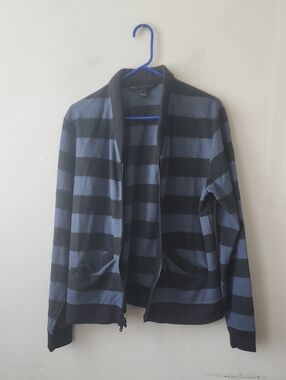 Marc By Marc Jacobs Men's Blue and Black Striped Zip-Up Sweater. New Without Tag